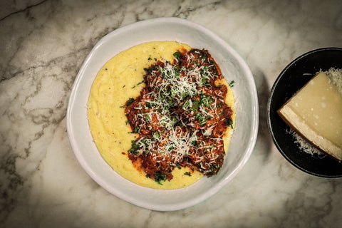 Venison polpette meat balls, in a rich tomato sauce with Parmesan polenta