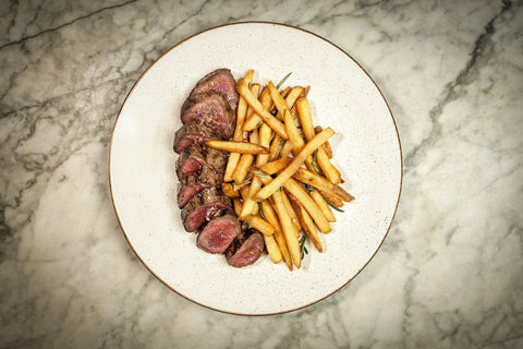 Venison striploin au poivre with chips
