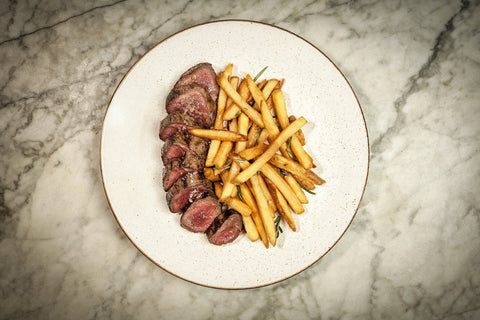 Venison striploin au poivre with chips